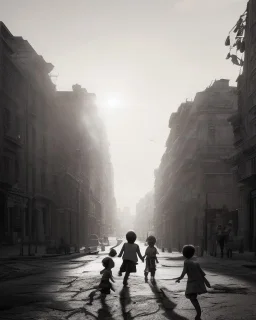 children playing on the street capture them against the sun and make an art silhouette, details, sharp, black and white 8k