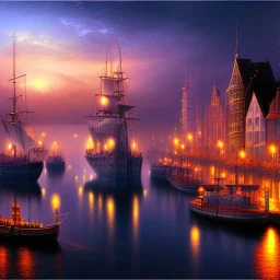 Fantasy city, cove, dock, night, large