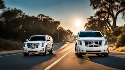 A sleek white shiny (((Customized gangsters lowrider cadillac escalade))), its contours and details perfectly captured in a (((cinematic view))), zipping along a winding road under a beautiful blue fresh morning sky