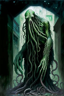 An evocative and thought-provoking realistic artwork design presenting a full-body depiction of Cthulhu with an unexpected twist. In this design, Cthulhu is portrayed as a poor man, challenging our perception of the cosmic entity. The artwork captures the essence of poverty and despair, while still conveying the immensity and cosmic horror associated with Cthulhu. Despite its appearance as a destitute figure, Cthulhu's presence remains enigmatic and powerful. The intricate details and textures a