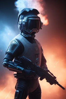 All Black Galactic soldier, wearing high tech mask, white smoke, dark, rage, sorrow, high definition, ultra 8 k, volumetric lighting, blue fire, fog