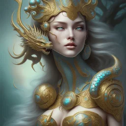 sango fantasy, fantasy magic, intricate, sharp focus, illustration, highly detailed, digital painting, concept art, matte, artgerm and paul lewin and kehinde wiley, masterpiece silver dragon head golden African nice breast Afo woman turquoise waves