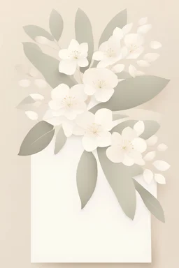 A stunning minimalist stationery design illustration exudes elegance and sophistication. The background features a soft, beige tone intertwined with a hint of subtle shimmering white, providing a clean and inviting canvas. Delicate eucalyptus leaves and white blossoms gracefully adorn the illustration, blending nature with modern design. The center page stands mostly empty, beckoning the user to unleash their creativity and personal expression, transforming this pristine canvas into a masterpiec