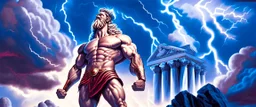 Detailed and realistic illustration of Greek god Zeus holding lightning in front of him Vintage style illustration. Red lightning. Ultra high resolution, realism, muscular, low fat percentage, blue clouds in the background, temple on the background, mount olympus on the background, lightning stricking on the background, Realistic men, no disformations, dark moody, strong, bold