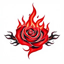 a fire with dark embers and the flames spiral outward like petals to make the shape of a rose flower(red) , black and red tattoo on white background