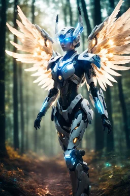 Beautiful Angel Cyborg mecha in Magical Forest full of lights colors, Photography Art Photoshoot Art Cinematic Soft Blur Colors - on Running Dramatic Pose