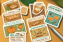 Stickers for a lakeside farmers' market "Good Spirit Market" in a national parks sticker style, featuring illustrations of baked goods