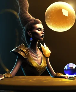 A dark female entity sitting down on her thronr looking into a small crystal ball on a table, fantasy, realistic