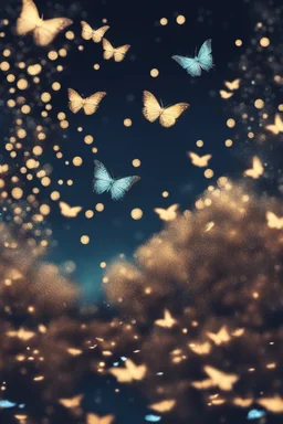 Bubbles and Butterflys flying to the sky at midnight