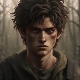 A 19 year old male survivor in an apocalypse. He has messy hair. He is the protagonist. He is in a forest. He has very dark brown eyes.