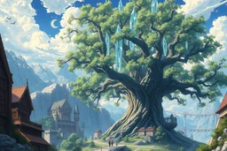 retro anime style, serious 1990s OVA anime style,Best quality, masterpiece, ultra high definition,Highly detailed painted anime final fantasy artwork style, Giant tree, gorgeous shiny crystal tree Yggdrasil, at the bottom medieval fantasy city