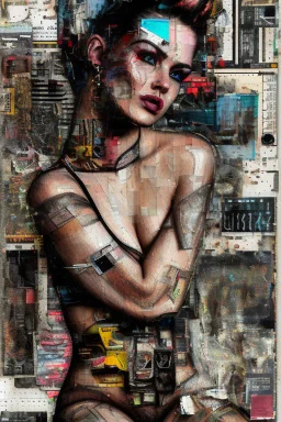 Ultra detailed medium portrait painting of a half naked woman sitting on a chair, no nudity, bended over, dark room with little light coming from an open door behind her, torn up collage of clippings, broken circuitry background, matrix effects, punk visual art, punk art aesthetic, graffiti art, pop surrealism, collage art, cluttered paint glitches