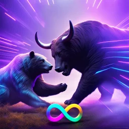 brightly coloured 3D infinity symbol ∞, futuristic, bull attacking and beating a bear in a fight, vibrant, striking, black background, chiaroscuro, dramatic, captivating, high-tech, powerful, fantasy, beautiful, octane render, 16k post-production, artstation: award-winning: atmospheric: commanding: fantastical: clarity: ultra quality: striking: brilliance: stunning colors: amazing depth; lens: f/11, 35mm