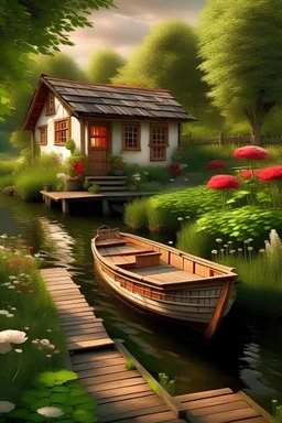 Imagine a boat in a river next to a garden with a small house