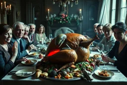 Christmas dinner table with extended family in sitting politely around table with a large oozing roasted turkey on a platter with a baby xenomorph bursting from out of the turkey, visceral, unsettling, by Joel-Peter Witkin and Laurie Lipton, color photograph, weirdcore, sharp focus, dynamic lighting, 8K resolution