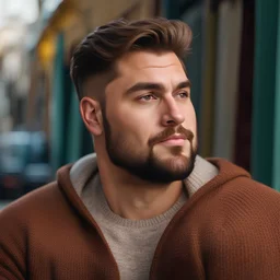 Man, Big Shoulders, Very Fat man, Bold Jawline, Bold Cheeks, Nose (Button), 30's Years Old, Seductive smile, Comb over, Warm brown Hair Color, Sitting, Ukrainian, pants and sweater but not thick knit, Warm brown eyes, Side View, fullbody shot, best quality, amazing details, high detail, 8k
