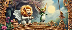 sacred geometry embroidered patterns, two totally symmetric fluffy angel lion robot gremlin slug nice cheerleader singing on ornate carved magical bridge in garden , full body portrait strong aura, oil painting and air brush, in swing net, strong wind, grid