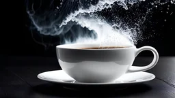 A storm entirely inside a white porcelain ESPRESSO cup with a saucer. Large COFFEE wave cresting. A surfer. Backpropogation algorithm optimization lighting. Black background