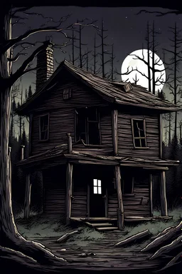 A imagine of an eerie cartoon-style abandoned cabin in the woods, haunted, scary, horror, evil Dead
