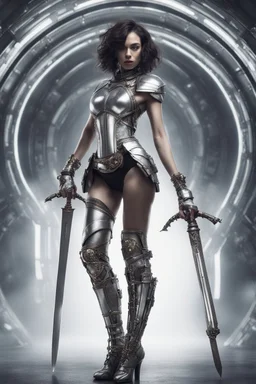 full body picture of a skinny woman with a bob, in futuristic silver armour, holding a curved sword, steampunk background