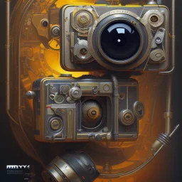 components of the camera laid out flat. poster design. high detailed. oil on canvas.