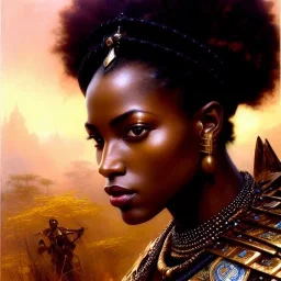 portrait beautiful face African female warrior,busty,ancient metal armor balanciaga fashion clothe painting by gaston bussiere, greg rutkowski, yoji shinkawa, yoshitaka amano, tsutomu nihei, donato giancola, tim hildebrandt, oil on canvas, cinematic composition, extreme detail,fit full head inside picture,16k