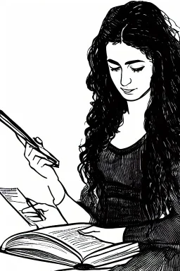 Pencil sketch of Young woman, Arab features,sad, long wavy hair, reading a book, full body، on lined paper