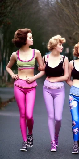 Four Ziegfeld Girls, beautiful face on leggings walking