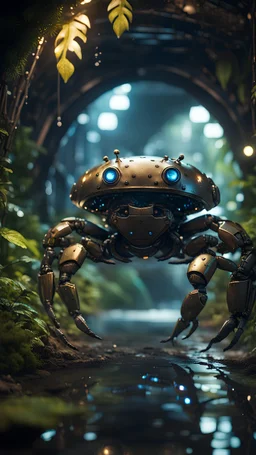 crab robot chivalry knight with cute face in dark lit reflective wet jungle metallic hall dome hotel tunnel, in the style of fallout 4 game,bokeh like f/0.8, tilt-shift lens 8k, high detail, smooth render, down-light, unreal engine, prize winning
