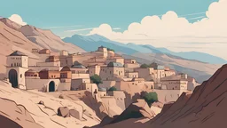 Old Town mountain. Far away. View Sky. Ottoman. 1900 AD. Vector‎. cartoon. animated. Kurdistan, color. Digital painting. minimal, from the side behind