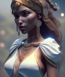 Gipsy, beautiful, curvy body, white fabric dress, beautiful long hair, bandana covering head, long earings, head and shoulders portrait, holding tarot card, 8k resolution concept art portrait by Greg Rutkowski, Unreal Engine 5 volumetric lighting