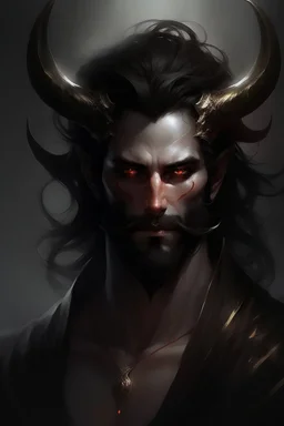 Beard, dark hair, demon prince, horns, handsome, mysterious, gentle