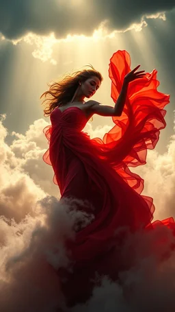 A beautiful Spanish flamingo dancer with a beautiful red dress swirling clouds, emerges from the heart of a raging storm. Turbulent winds of steam swirl around the louds lit by shafts of sunlight that cast dramatic shadows on the A beautiful woman High quality 16k cinematic scene and great photography