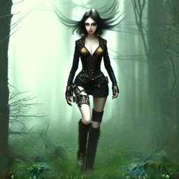 steampunk, dark forest, black hair, long legs, leather clothes