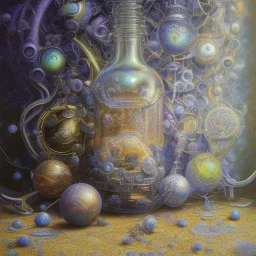 high-quality, fine-detail universe in a bottle on a tablecloth, melted crayon drawing, artwork, 8k, intricate, detailed, illustration, brian froud, howard lyon, george grie, ben goossens, anna dittman, jeffrey robert, don marco