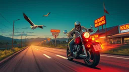 The kebab man driving fast on his holy motorcycle, fire from the exhaust, holy widescreen picture, holy empty road on the holy country at night, comic style, no helmet and he have a long holy black beard, neon kebab signs along the road, jesus stand at his market stand selling holy kebabs, simon stålenhag style, flying goose kebab