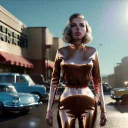 Ultra Realistic retro sci-fi movie Supermarket parking people scene, 1960 year, waist up view portrait, 2 clones blonde women, sweet scarlet Johansson face, perfect iris, glow eyes, face makeup, tight latex coat. many people looking, Retro sci-fi style, soft color, highly detailed, unreal engine 5, ray tracing, RTX, lumen lighting, ultra detail, volumetric lighting, 3d, finely drawn, high definition, high resolution.