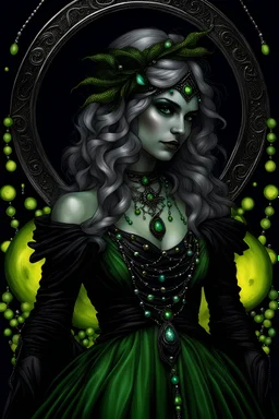 Beautiful silver and black and green witch woman portrait adorned with bioluminescense Halloween yellow white and green and black beads