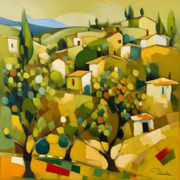 abstrakt målning olivskörden i en liten spansk by