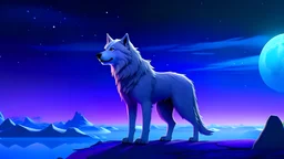 humanoid arctic wolf, standing at the top of a snowy mountain, overlooking water, blue and purple night sky
