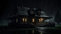 spooky scary bungalow in heavy rainfall darkness, dark, 18k
