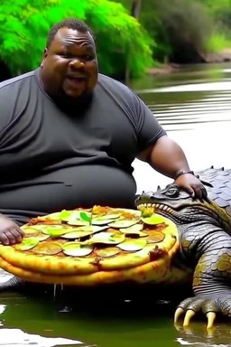 a obese black guy kicked a crocodile while eating a pizza