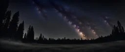 Blue dark night sky with many stars above field of trees. Yellowstone park. Milkyway cosmos background