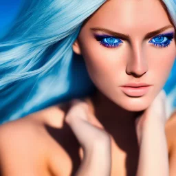 masterpiece, best quality, beautiful man, woman, blue eyes, fluorescent, blond flutter hair, highly detailed body, sun light, 4K, RAW, depth of field, high contrast, realistic details, 150mm