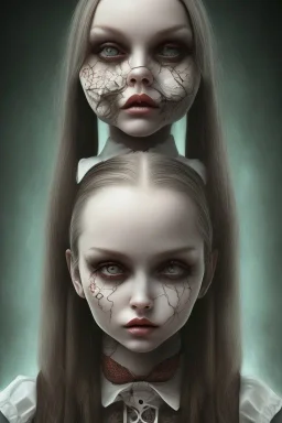 Wednesday Adams in 3d, one face, scary dark room , Escher style