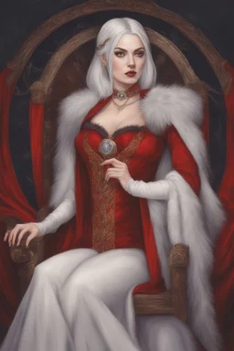 Beautiful white haired Vampire queen on her throne, drawing. Wearing a red cloak with a fur collar. Portrait, waist up