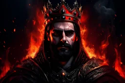 Portrait roi conquerant cyberpunk, cheveux noirs, barbe, yeux rouges, porte une couronne en feu, batuiments union europeene en feu arriere plan