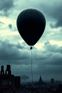 one bursts big black party balloon on sky, high realistic, storm, gloomy, surreal, little city, ruins, professional photo, cinematic, utopistic