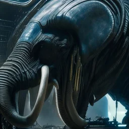 xenomorph elephant hybrid, photorealism, movie screen capture, horror, sci-fi, retrofuturism, based on the movie Alien, horror, terrifying