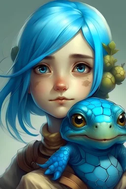 adorable fantasy turtle girl with silverline blue hair realistic